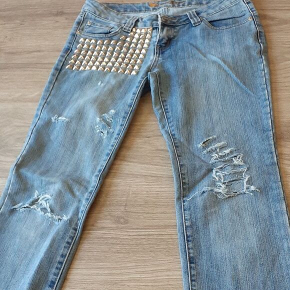Custom Silver Studded Jeans 28 x 32 Straight Leg - Picture 2 of 8